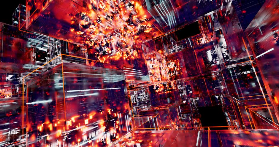 Apstraktna digitalna umjetnost s neonskim geometrijskim oblicima